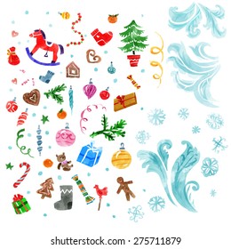 Christmas design elements and abstract frozen ice texture in water color style. Xmas decorations set. Vector illustration