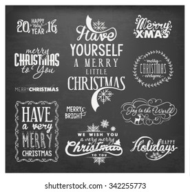 Christmas Design Elements, Badges and Labels in Vintage Style on Chalkboard