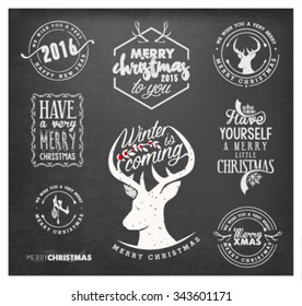 Christmas Design Elements, Badges and Labels in Vintage Style on Chalkboard