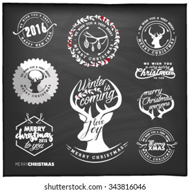 Christmas Design Elements, Badges and Labels in Vintage Style on Chalkboard