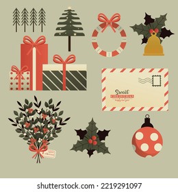 Christmas design elements baubles gifts envelope flora sketch.