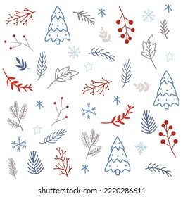 Christmas design elements with berries, fir trees, fir branches, leaves, mistletoe, snowflakes, stars. Perfect for winter decorations. Vector hand drawn in doodle style.