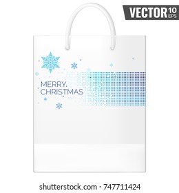 Christmas design elements for branding and decoration. New year pattern for printing on realistic 3d vector mock up of shopping paper bag with handles. Winter halftone pattern with openwork snowflakes
