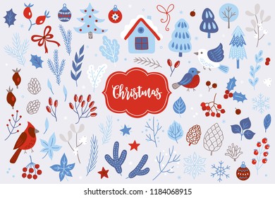 Christmas design elements with briar, berries, balls, fir branches, trees, mistletoe, snowflakes, cones, birds, stars, bows, leaves and northern cardinal. Perfect for winter decorations