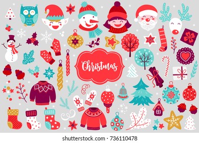Christmas design elements with cartoon characters. Snowman, elf, girl, Santa, deer, tree, ball, bauble, sweater, socks, snowflake. Perfect for holiday invitations and greeting cards