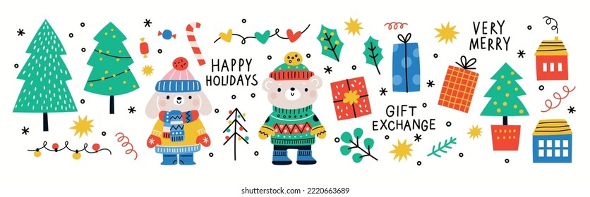 Christmas design elements in cartoon flat style. Childish Christmas set with bunny, bear, gifts, tree, festive decoration. Very merry illustration