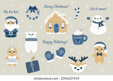 Christmas design elements in cartoon flat style in blue and white colours. Winter holidays collection with cute Christmas characters: Santa Claus, deer, gingerbread man, bear, gift box, mittens.