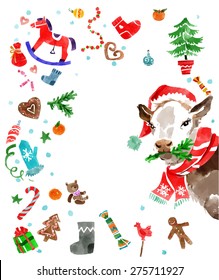 Christmas Design Elements And A Cow In A Hat In Water Color Style . Xmas Decorations Set. Vector Illustration