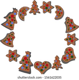 Christmas design elements for custom wreath decoration. Xmas template. Vector eps10 illustration. Christmas gingerbread wreath, with colorful bright candies, New Year pattern, holiday background