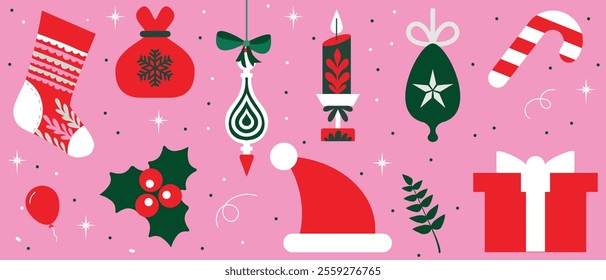 Christmas design elements. Cute Christmas ornaments.  Decorative decorations for Christmas and New Year. Christmas ball, star, bell, spruce, icicle. Vector illustration.