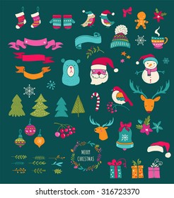 Christmas Design Elements - Doodle Christmas symbols, icons, greetings and frames on blackboard