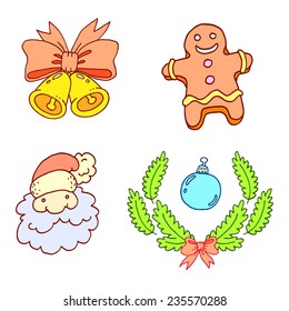 Christmas design elements. Evergreen wreath, bells, Santa Claus and Gingerbread Man Cookie. Vector illustration