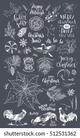 Christmas design elements: fir branch, pine cone, branch with berries, holly, bullfinch, walnut, cinnamon, orange, cock, nut, bow, lettering.