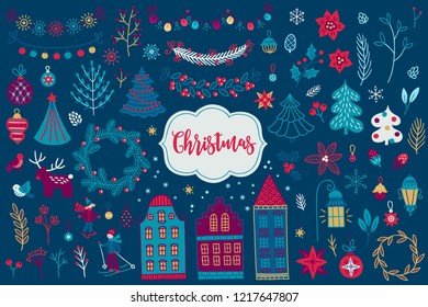 Elementos de design de Natal com guirlanda, luzes, estrela, bolota, flor, folhas, galho, abeto, casa, estrela, lanterna, bola, bauble, pássaro, veado, skater, esquiador, coroa. Perfeito para decorações de inverno