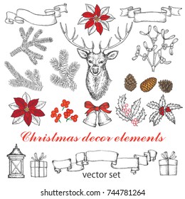 Christmas design elements for greeting card in vintage style. Deer, Christmas tree branches and winter decorative elements, holly, ribbon. Black white and red color. 