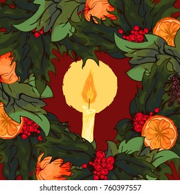 Christmas design elements for greeting card with frame of holly and ivy plant berry and leafs, pine cone, orange slice, apple, burning candle.