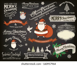 Christmas Design Elements and Greetings on Chalkboard - Set of Christmas greetings, banners, design elements, icons and symbols on blackboard