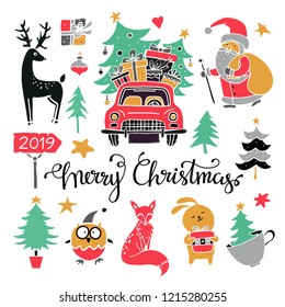 Christmas design elements. Hand drawn isolated on white background set. Merry Christmas handwritten font