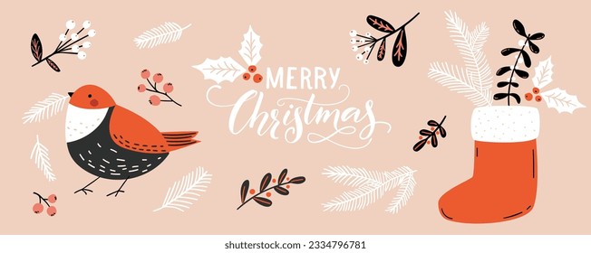 Christmas design elements, header banner design. Vector modern illustrations of cute red bird, christmas sock with branches and berries, hand lettering greeting text.