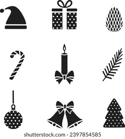 Christmas design elements icon. Jingle bells, ball, fir tree, gift box, cap, cone, candy cane, candle. Holiday Happy New Year vector illustration.