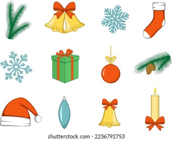 Christmas design elements. Jingle bells, tree branch with cone, toy, ball, gift box, snowflake, cap, sock, candle. Happy New Year vector illustration.