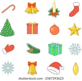 Christmas design elements. Jingle bells, tree branch with cone, toy, ball, gift box, snowflake, cap, sock, candle. Happy New Year vector illustration.