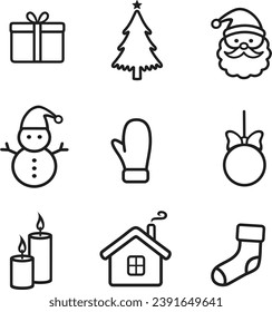 Christmas design elements line icon. Ball, tree, gift box, candle, Santa Claus, mitten, snowman, sock, house. Holiday New Year vector illustration.