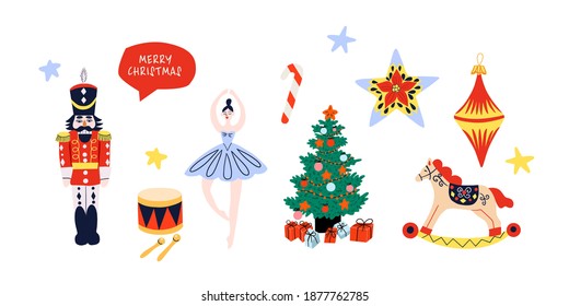 Christmas design elements with nutcracker, ballerina, stars and others. Set of Cute Merry Christmas and Happy New Year Illustrations or stickers. 