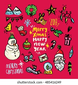 Christmas design elements on red background