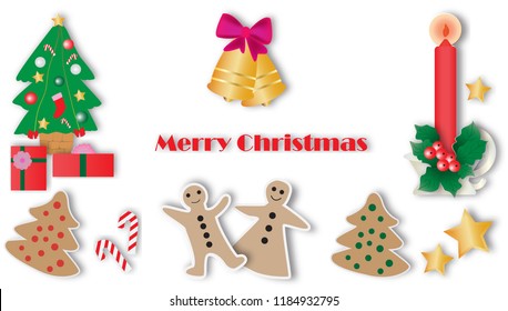 Christmas design elements on white background,paper art style.