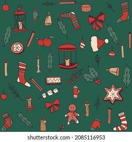 Christmas design elements pattern with mistletoe, berries, balls, socks, trees, cookies, presents, candles, lantern, candy, cane, leaves.Perfect for winter holidays, gift paper, wallpaper