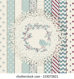 Christmas Design Elements: patterns, frame and cute seamless backgrounds, Christmas wreath with birds. For design or scrap booking.