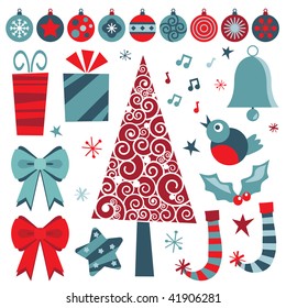 christmas design elements in red and blue with tree, decorations and gifts