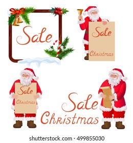 Christmas design elements with Santa Claus for advertising. Christmas sale label and icons set.