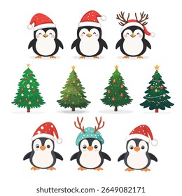 Christmas design elements santa, gift, tree, penguins, snow, sled. Vector illustration of set of isolated on plain background new year elements.