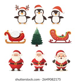 Christmas design elements santa, gift, tree, penguins, snow, sled. Vector illustration of set of isolated on plain background new year elements.