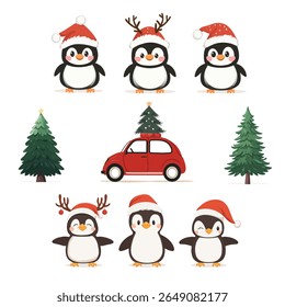 Christmas design elements santa, gift, tree, penguins, snow, sled. Vector illustration of set of isolated on plain background new year elements.