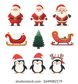 Christmas design elements santa, gift, tree, penguins, snow, sled. Vector illustration of set of isolated on plain background new year elements.