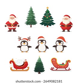 Christmas design elements santa, gift, tree, penguins, snow, sled. Vector illustration of set of isolated on plain background new year elements.