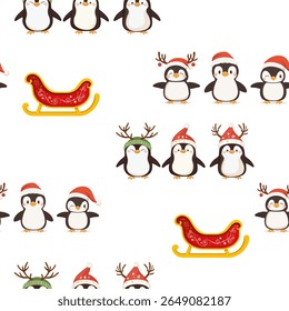 Christmas design elements santa, gift, tree, penguins, snow, sled. Vector illustration of set of isolated on plain background new year elements.