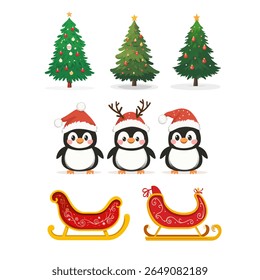 Christmas design elements santa, gift, tree, penguins, snow, sled. Vector illustration of set of isolated on plain background new year elements.