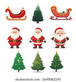Christmas design elements santa, gift, tree, penguins, snow, sled. Vector illustration of set of isolated on plain background new year elements.