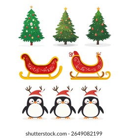 Christmas design elements santa, gift, tree, penguins, snow, sled. Vector illustration of set of isolated on plain background new year elements.