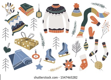 Christmas design elements. Scandinavian style. Christmas decoration. New year icon set. Vector illustration. This illustration can be used as a greeting card, poster or print.