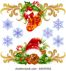 Christmas design elements set 4. Stocking, Santa hat and candy cane