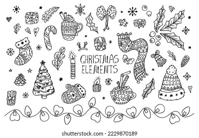 Christmas design elements set in black doodle style. Xmas or new year items for decor or ornament. Hand drawn line isolated on white background