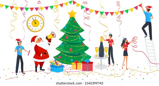 Christmas design elements set, cute cartoon Santa Claus, people in carnival costumes at party, family decorating christmas tree at home, clock, champagne. Clipart for Merry Christmas, Happy New year