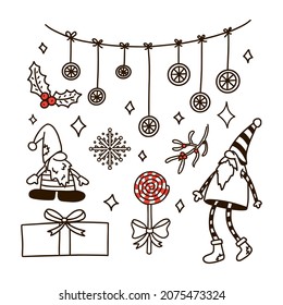 Christmas Design Elements Set. Doodle Style. New Year traditional knick knacks for greeting and invitation card design and decoration