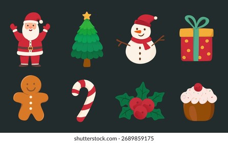 Christmas Design Elements Set featuring Santa Claus, Christmas Tree, Snowman, Gift, Gingerbread Man, Candy Cane, Cupcake, Holly and Berries for Festive Illustration, Holiday, and Winter Decoration