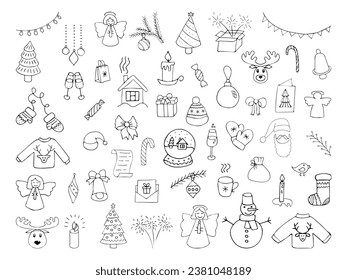 Christmas design elements. Set of hand drawn vector doodles, icon set  in sketch style isolated on white background. 